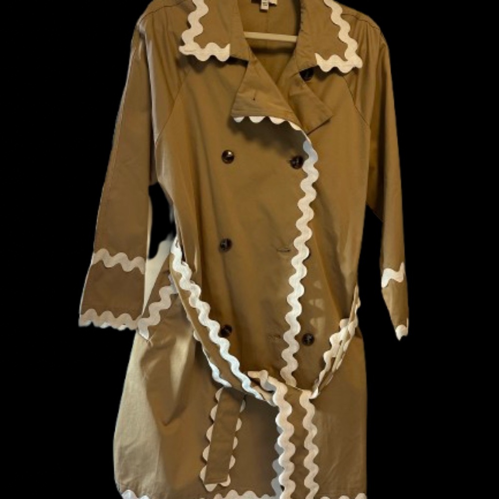 Aura Trench Coat, Khaki with white rick rack trim, size small